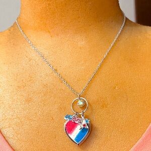 Heart Locket Pendant Necklace with Red, White, and Blue Accents. Silver chain